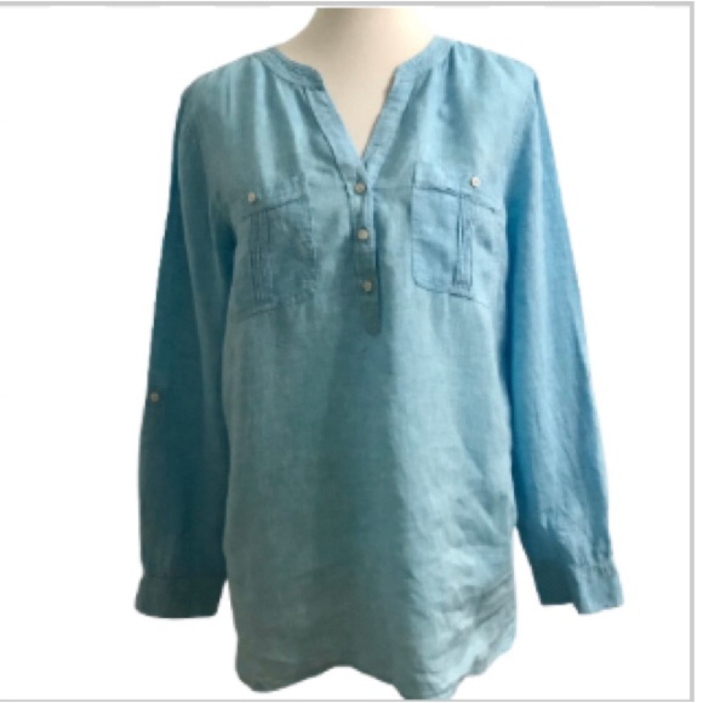 NEW Talbots 100% Linen Aqua Popover Blouse